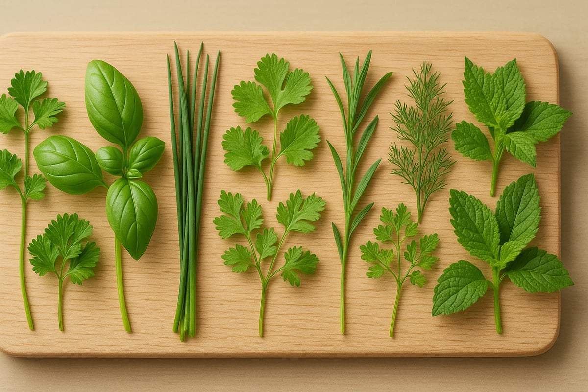 Bouquet de fines herbes fraîches, persil, ciboulette, cerfeuil et estragon, sur une planche à découper